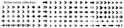 Vector collection of black arrow cursor icons in various flat styles including bold, outlined, solid, and dotted designs for UI, web, and interface navigation