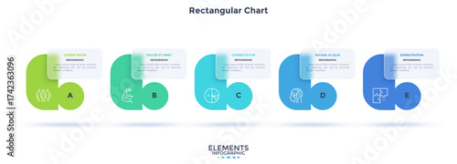 Progress bar with 5 abstract frames behind translucent rectangular elements in horizontal row. Concept of five steps to business success. Minimal infographic design template. Flat vector illustration.