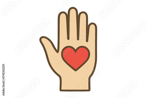Hand with heart icon. Symbol of love, care, kindness, and compassion. Concept for charity, donation, volunteer work, and support. Benevolence and helping hand pictogram.