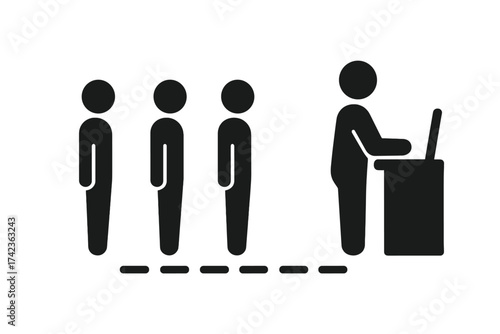 People queue line vector icon. Waiting to register concept. Social distancing. Group of persons standing in line. Customer service, checkout or reception desk symbol.