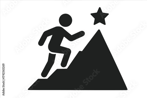 Man climbing mountain to reach star. Business success, career growth, leadership concept. Goal achievement, mission, challenge, motivation icon. Vector for progress and development.