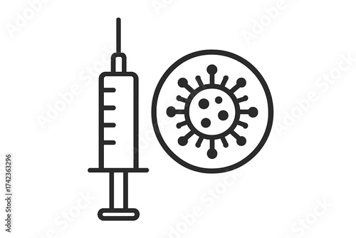 Medical syringe and virus vector icon. Symbol of vaccination and immunization for disease prevention. Covid-19 vaccine concept. Healthcare and medicine line art illustration.