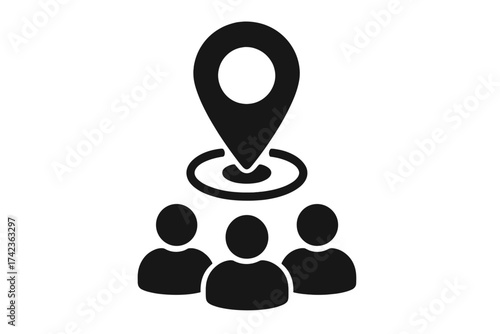 Meeting point icon with group of people. Business branch location concept. Team gathering, community hub, or target audience position. Management, workforce, gps pin vector.