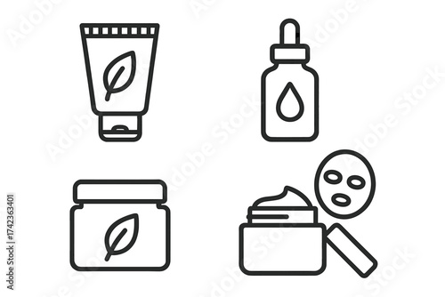 Cosmetic skincare icon set. Natural beauty product line icons. Vector illustration of cream tube, serum bottle, face mask, and lotion jar. Outline symbols for beauty.