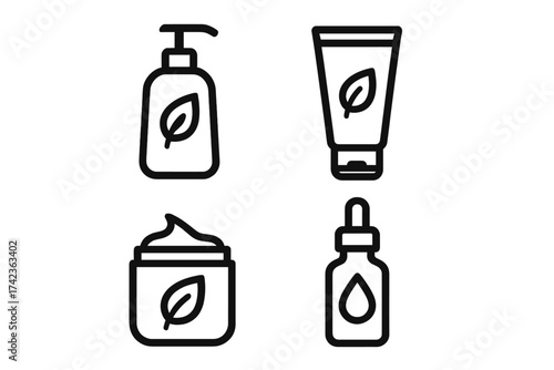 Natural organic cosmetic vector icon set. Skincare beauty product line art symbols. Lotion dispenser, cream jar, serum dropper, and gel tube. Eco, bio, herbal, vegan concept.