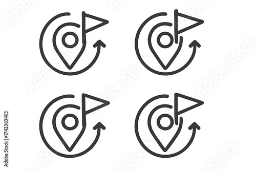 Vector location pointer icon with flag and rotation arrow. Navigation destination symbol, GPS direction marker, map pin, route tracker, and geotag marker set for apps.