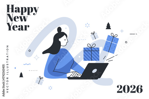 Woman with laptop buying gifts in online store. Happy New Year 2026 thin line vector illustration. Digital holiday greeting card for web or print design.