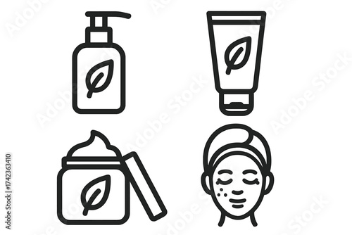 Skincare cosmetic icon set. Natural organic beauty products. Face cream, lotion bottle, tube. Facial treatment for acne, problem skin. Spa, cosmetology line vector icons.