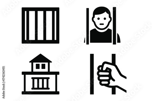 Prison jail icon set vector illustration. Prisoner behind bars, jailhouse, hand gripping cell. Symbol of crime, justice, punishment, sentence, law, freedom and confinement.
