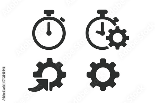 Productivity and Efficiency Icon Set. Stopwatch with Gear Symbol for Workflow Optimization, Time Management, Task Automation, Process Settings. Vector Illustration for Business Productivity Concepts