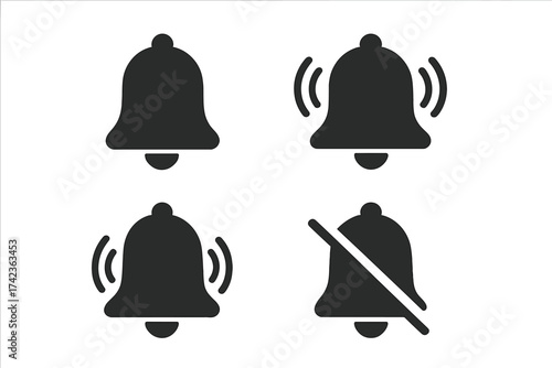 Notification bell icon vector set. Ringing, new message, and silent mode symbols. Subscribe, alert, reminder, and alarm buttons for UI and UX web design. Black glyph pictogram.