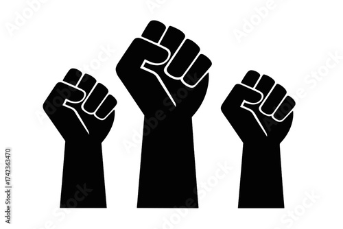 Three raised fists vector. Symbol of protest, revolution, revolt, strength, and power. Concept of solidarity, resistance, freedom, human rights, social justice, equality.