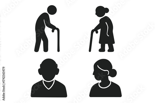 Elderly people vector icon set. Senior man and woman with walking stick. Old age symbol. Grandparents, pensioner, retirement concept. Senior couple pictogram illustration.