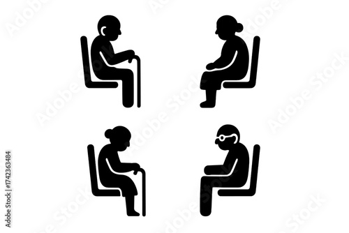 Elderly seniors on priority seat icon set. Public transport accessibility concept. Vector symbol for old person with cane, disabled passenger on bus, train, subway.