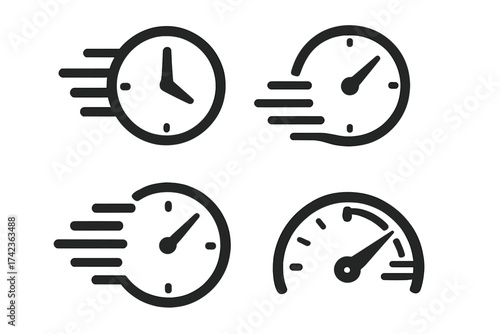 Quick fast rapid time icon set. Speedometer and clock symbols for speed, efficiency and deadline concepts. Vector illustration of motion, urgency, and performance measurement.