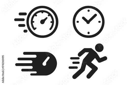 Speed and time icons set. Fast running man, speedometer, and clock symbols. Vector concept for velocity, quickness, rapid motion, urgency, and deadline management. Simple flat design.