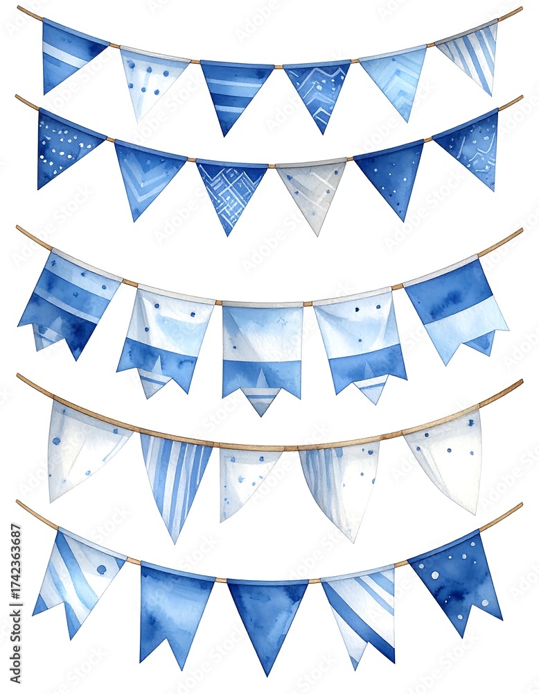Obraz premium Watercolor illustration of blue and white patterned bunting