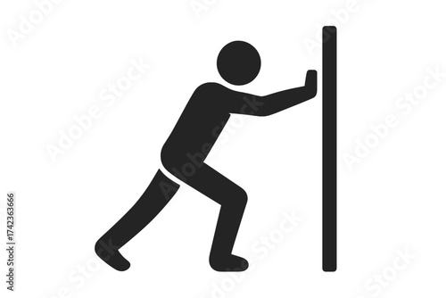 Man pushing wall icon. Person stretching body silhouette. Exertion and resistance metaphor. Force, effort, and determination concept. Sport, exercise, and workout symbol.