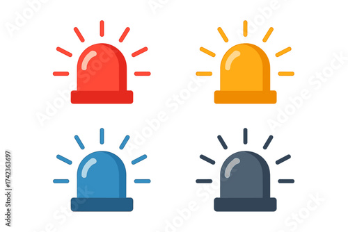 Siren alarm icon set. Flashing emergency light collection. Red, blue, yellow police, ambulance, or fire department beacon. Vector warning signal & danger alert symbol.