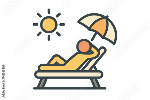 Man relaxing on deck chair under umbrella vector icon. Summer beach vacation concept. Person sunbathing, holiday travel leisure symbol. Sun lounger pictogram for resort design.
