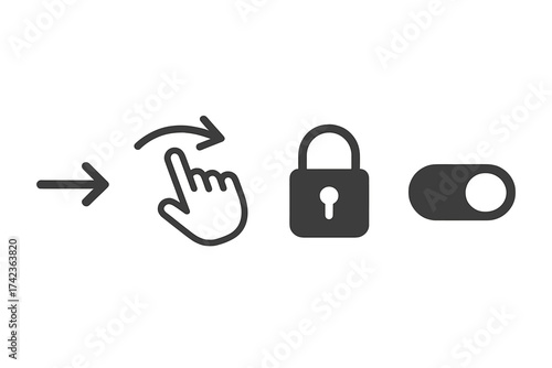 Swipe right to unlock icon set. Finger slide gesture for phone screen. Padlock security and toggle switch button. UI UX vector graphic element for app interface design concept.