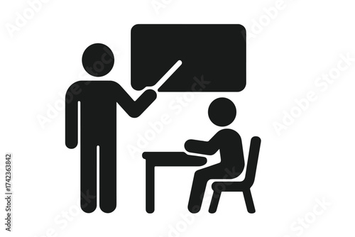 Teacher teaching student in classroom vector icon. Education, learning, school concept. Professor with pointer at blackboard. Training, seminar, or private lesson pictogram.
