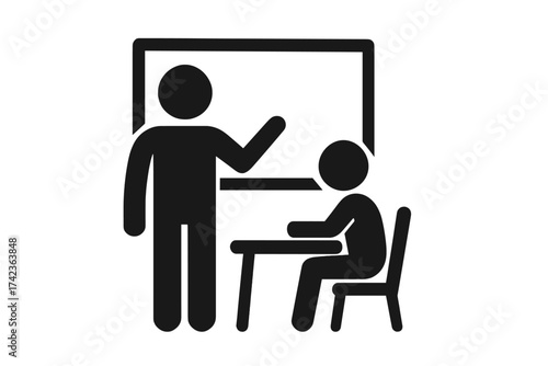 Teacher and student icon. Education, learning, and classroom concept. Professor or instructor giving a lesson or lecture. School, college, and tutoring vector symbol.