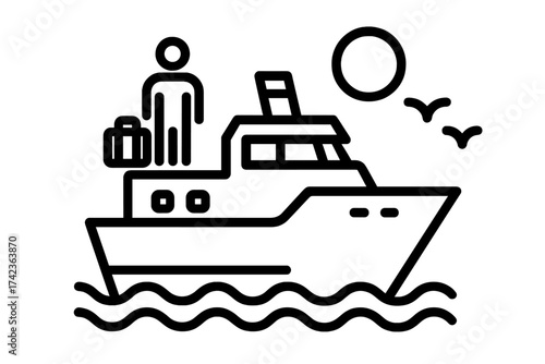 Tourist travel by ferry vector icon. Passenger with luggage on a cruise ship. Maritime transport and sea routes concept. Summer holiday, ocean journey, boat trip symbol.
