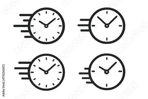 Fast time vector icon set. Rapid speed clock symbol collection. Urgency, deadline, and quick delivery concept. Chronometer, watch, timer pictogram for business and project.