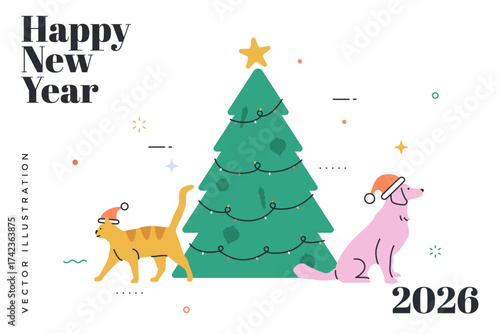 Vector illustration with Animal pets cat and dog wear santa hat near the Christmas tree. Happy New Year postcard concept. Winter holiday party.