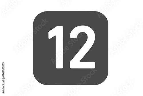 Number 12 icon. Flat numeral 12 sign on a button. Vector illustration for web, app, or print. Twelfth day, dozen concept. Simple, modern design element on transparent background.