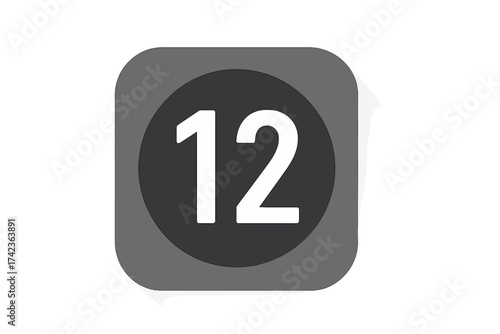 Number 12 icon vector in flat design. Twelfth numeric symbol for application button, web element, and user interface. Digital count, quantity, order, or calendar date sign.