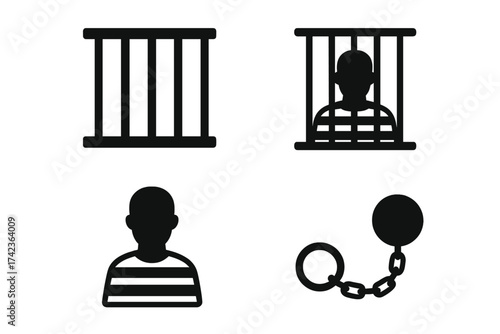 Prison jail vector icon set. Criminal prisoner inmate behind bars. Ball and chain shackle. Concept for punishment, justice, law, crime, sentence, arrest, and captivity.