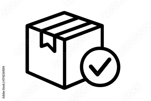 Product package with check mark icon. Order confirmed, parcel delivered symbol. Shipping box, logistics and successful delivery concept. Approved cargo, complete shipment vector.