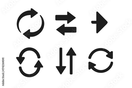 Black arrow icon set. Refresh, repeat, and reload symbols. Icons for exchange, transfer, and data conversion. Navigation arrows for next, previous, up, and down. UI glyphs.