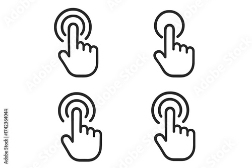 Hand cursor click icon set. Finger pressing button vector illustration. Touch screen gesture symbol collection. Pointer tap line art graphic. Push for web or app ui ux design.