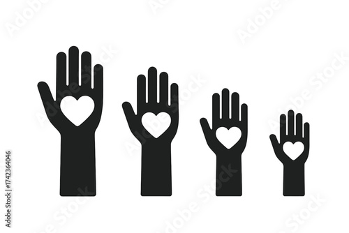 Hands with hearts icon set. Volunteer, charity, donation concept. Symbol of love, care, support, and community. Vector illustration for social work, philanthropy, and unity.