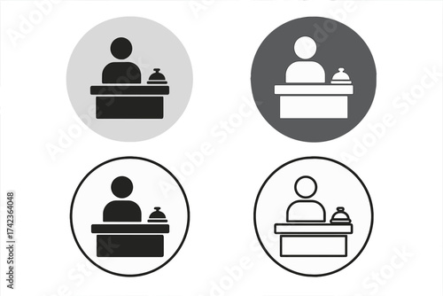 Reception icon set with customer service desk symbol. Hospitality concept for hotel check-in. Front desk, concierge, and info point sign. Vector help and support buttons.