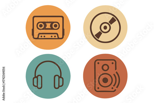 Retro music media icon set with cassette tape, compact disc, headphones, and speaker. Vintage audio technology concept. Round button vector graphic design illustration.