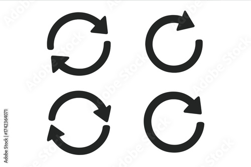Refresh and reload icon set. Circular arrow symbols for update, sync, and rotate actions. Web and application interface pictogram collection. Reset, repeat, and loop button design.