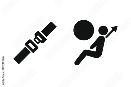 Car safety belt and airbag icon set. Driver and passenger protection symbol. Vehicle accident concept with person and deployed airbag. Safe driving vector illustration.