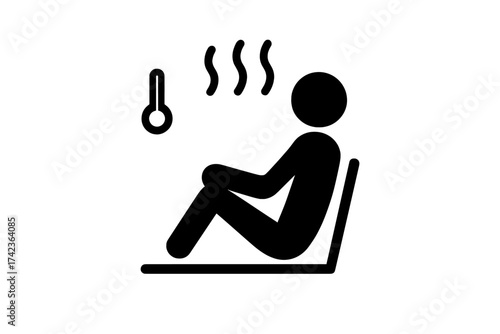Sauna icon vector symbol. Person sitting in hot steam room for relaxation, health and wellness. Stick figure pictogram of a man enjoying heat therapy in a spa or bathhouse.