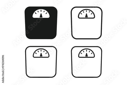 Weighing scale icon set. Bathroom scales for measuring body weight. Concept of diet, fitness, health, nutrition, and weight loss. Vector silhouette and line art icons.