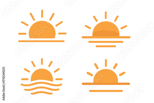 Sunset and sunrise vector icon set. Collection of sun over sea symbols. Abstract minimal logo for summer, travel, weather concepts. Sun goes down, dawn, and dusk signs.