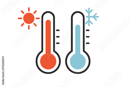 Temperature hot and cold icon vector. Thermometer symbol with sun and snowflake. Weather forecast meteorology concept. Climate heat and frost level. Fever or chill sign. Flat design.