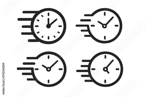Fast time vector icon set. Clock symbol of speed, rush, and urgency. Quick delivery or deadline concept. Simple pictogram for UI. Chronometer, watch, timer graphic element.