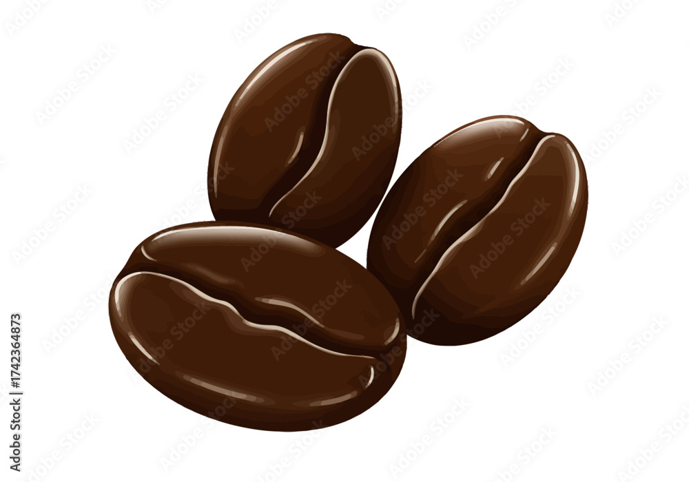 Obraz premium A detailed illustration of three shiny, dark brown roasted coffee beans isolated on a plain white background.