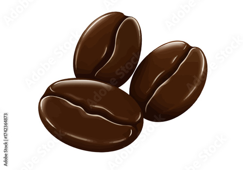 A detailed illustration of three shiny, dark brown roasted coffee beans isolated on a plain white background.