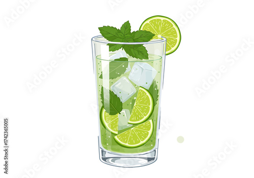 A refreshing tall glass of mojito cocktail with lime slices, mint leaves, and ice cubes, garnished with a lime wheel.