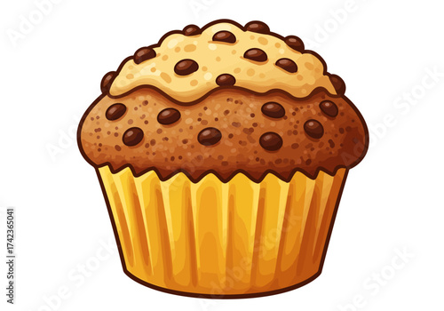 Illustration of a chocolate chip muffin in a yellow paper cup.